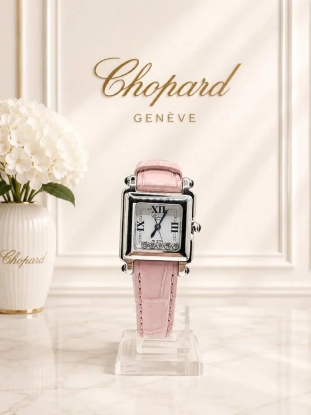 Chopard Happy Sport Square 5 Floating Diamond Pink Leather Quartz Watch